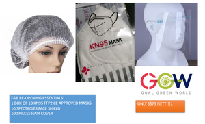 F&B REOPENING ESSENTIALS 10 PAX: SPECTACLES FACE SHIELD; DISPOSABLE HAIR COVER; KN95 FFP2 MASKS